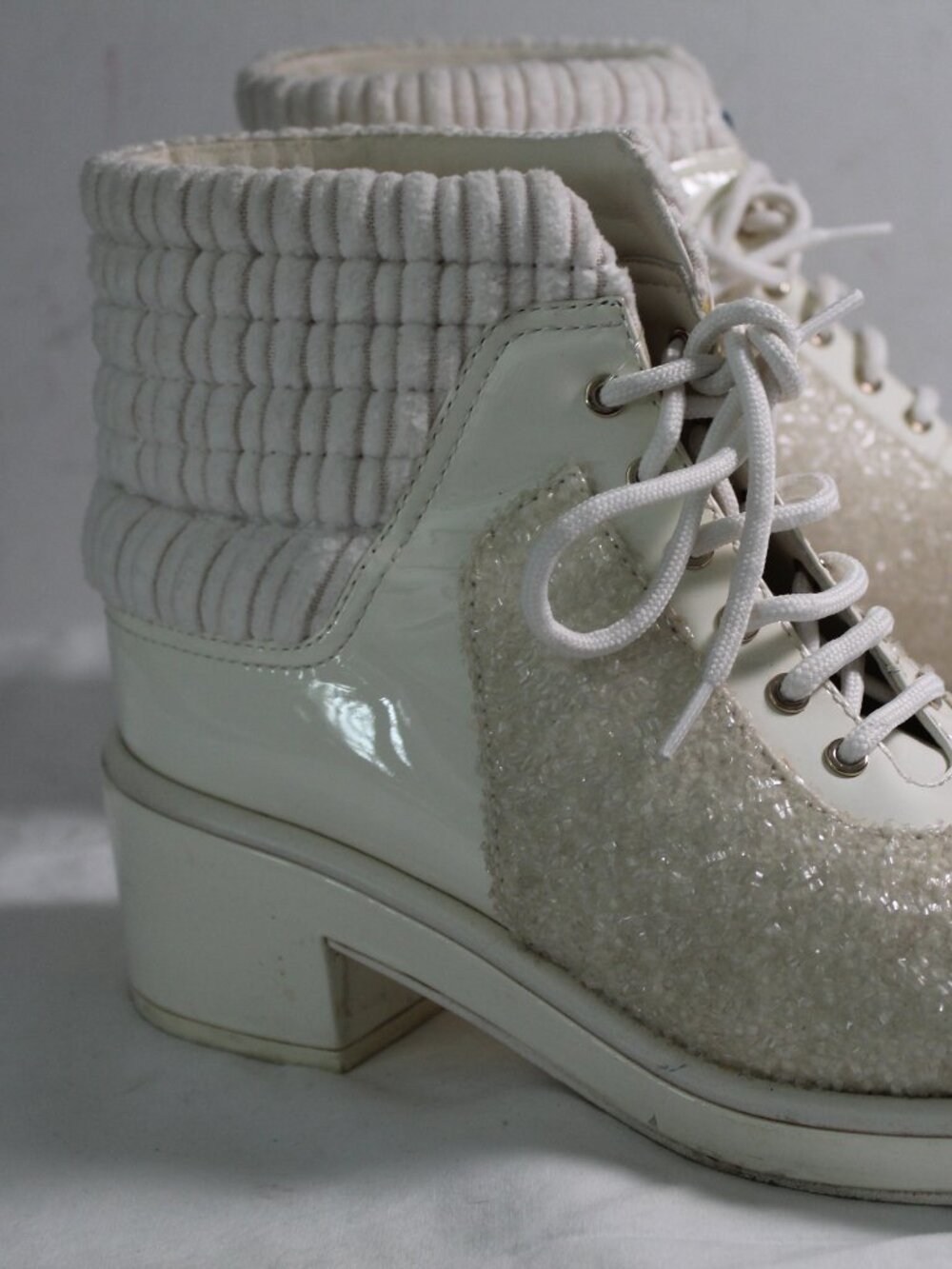 Chane White Patent Leather Glitter CC Knit Ankle Lace Combat Booties Boots 40.5 - Picture 4 of 13